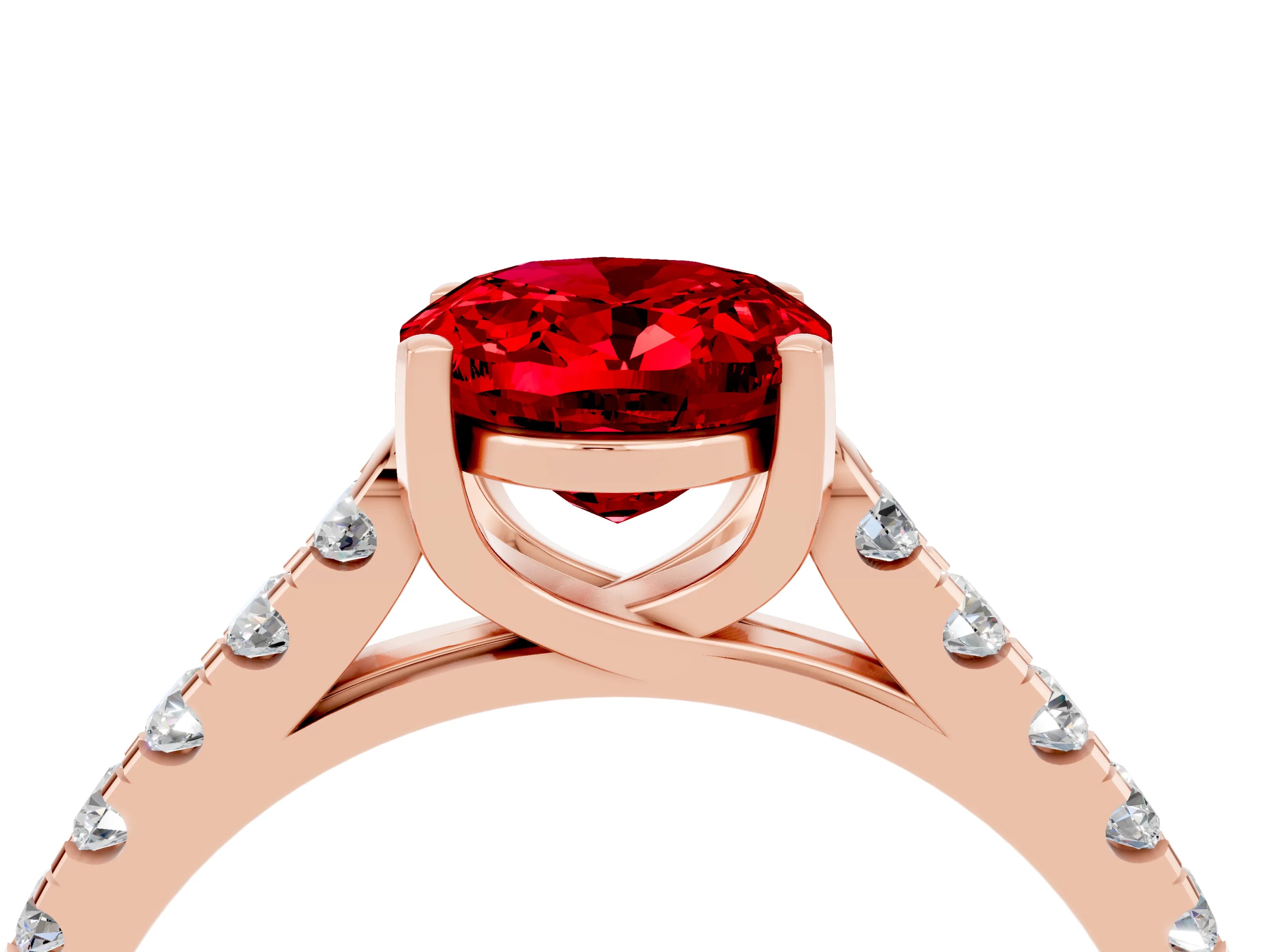 Rose gold {shape_name} Ruby Solitaire Ring with Pavé Band and Four-Prong Setting_4