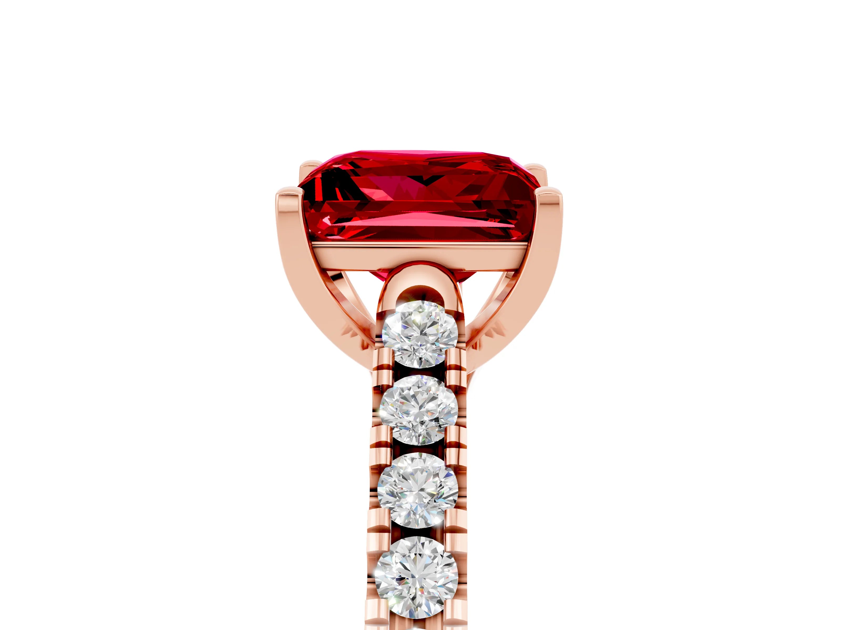 Rose gold {shape_name} Ruby Solitaire Ring with Pavé Band and Four-Prong Setting_5