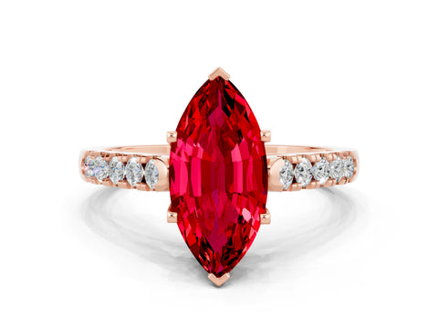 Rose gold {shape_name} Ruby Solitaire Ring with Pavé Band and Four-Prong Setting
