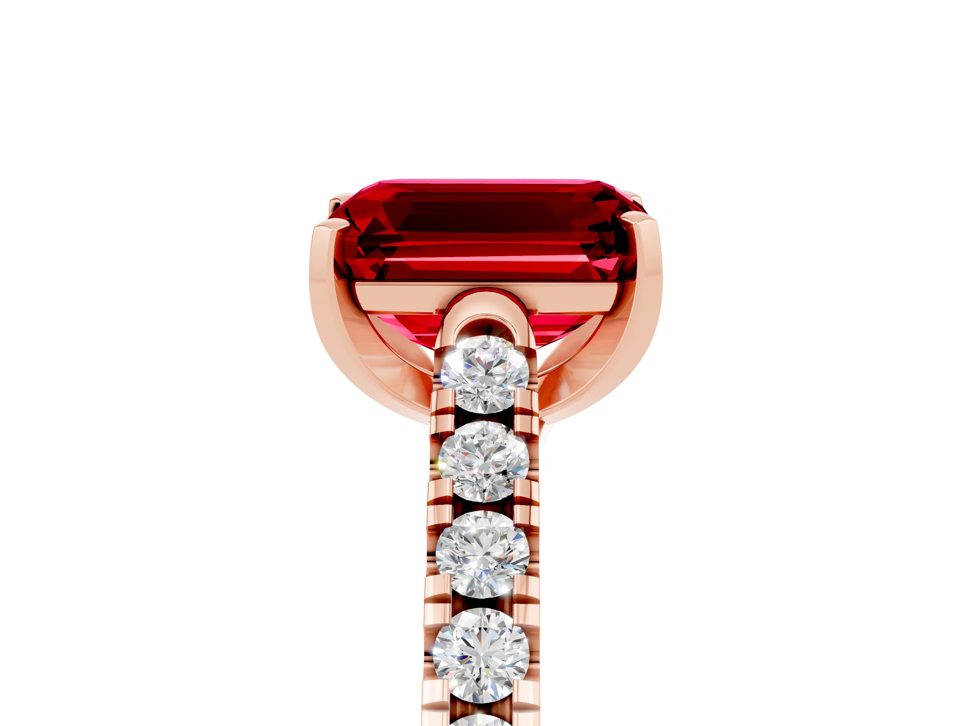 Rose gold {shape_name} Ruby Solitaire Ring with Pavé Band and Four-Prong Setting_5