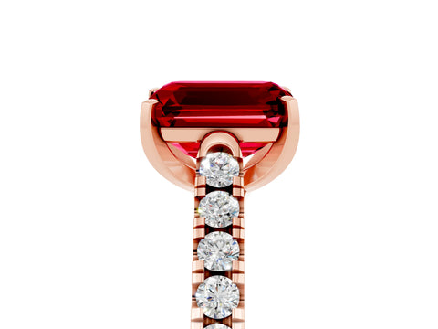 Rose gold {shape_name} Ruby Solitaire Ring with Pavé Band and Four-Prong Setting_5