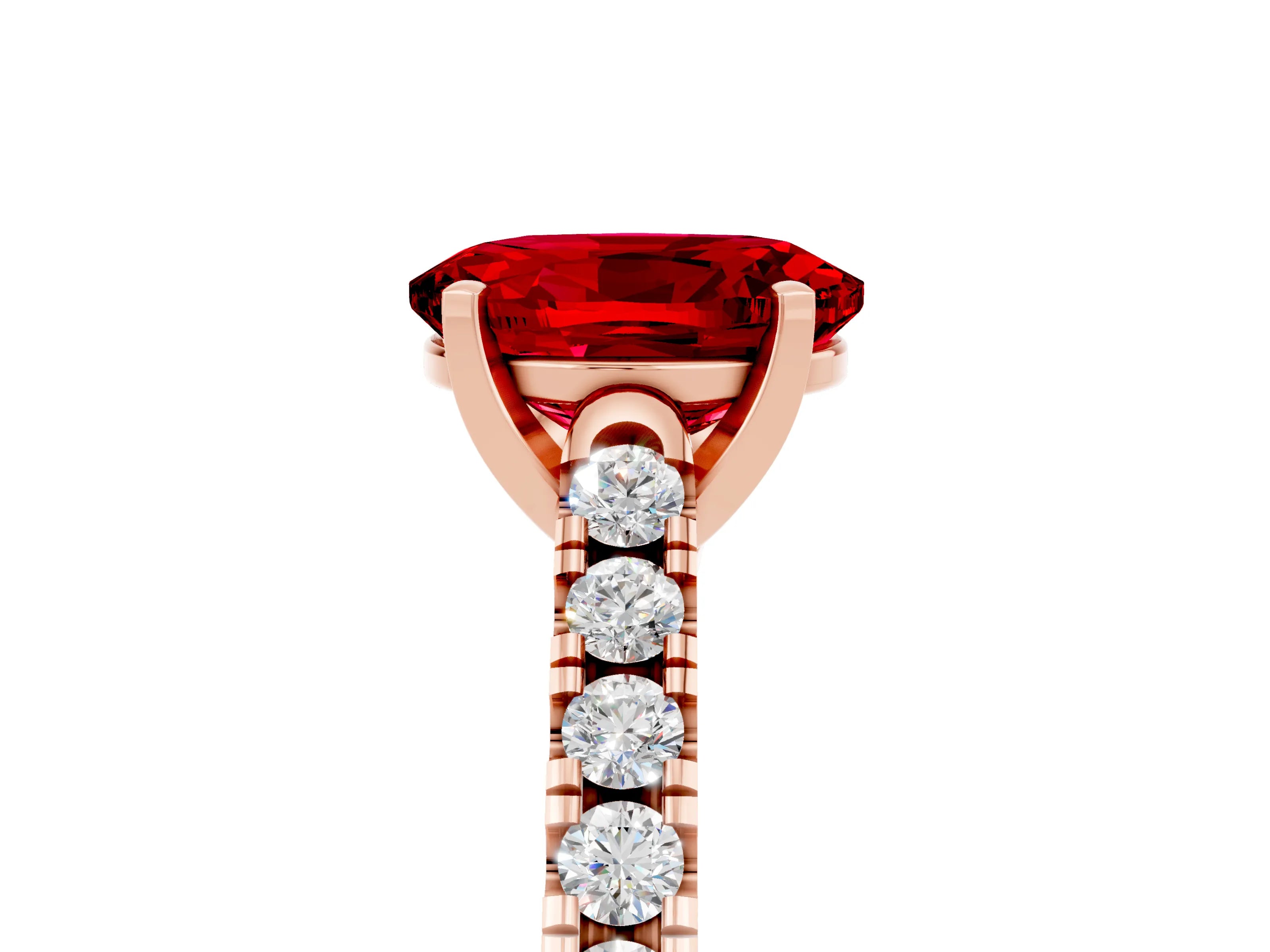 Rose gold {shape_name} Ruby Solitaire Ring with Pavé Band and Four-Prong Setting_5