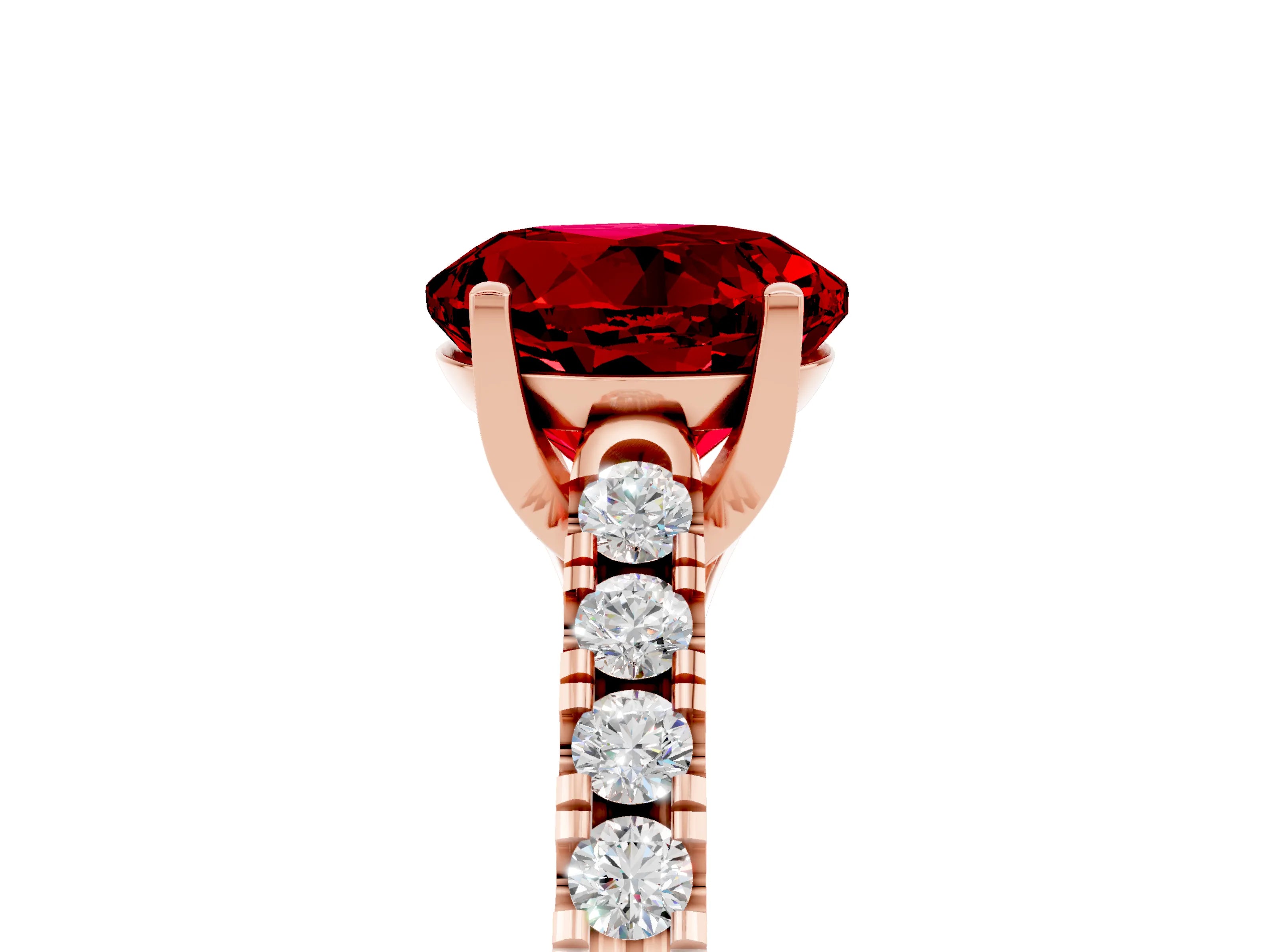 Rose gold {shape_name} Ruby Solitaire Ring with Pavé Band and Four-Prong Setting_5