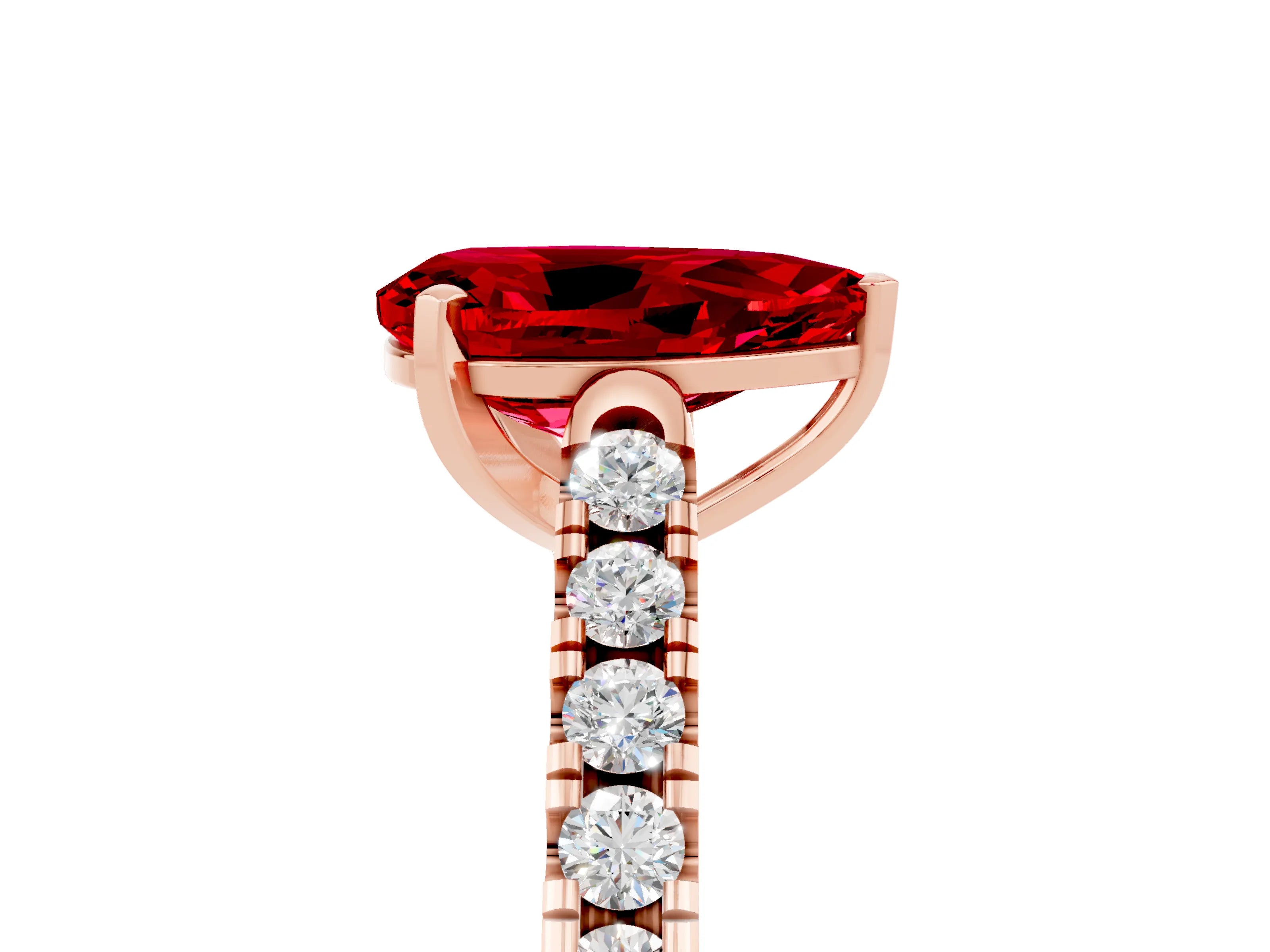 Rose gold {shape_name} Ruby Solitaire Ring with Pavé Band and Four-Prong Setting_5