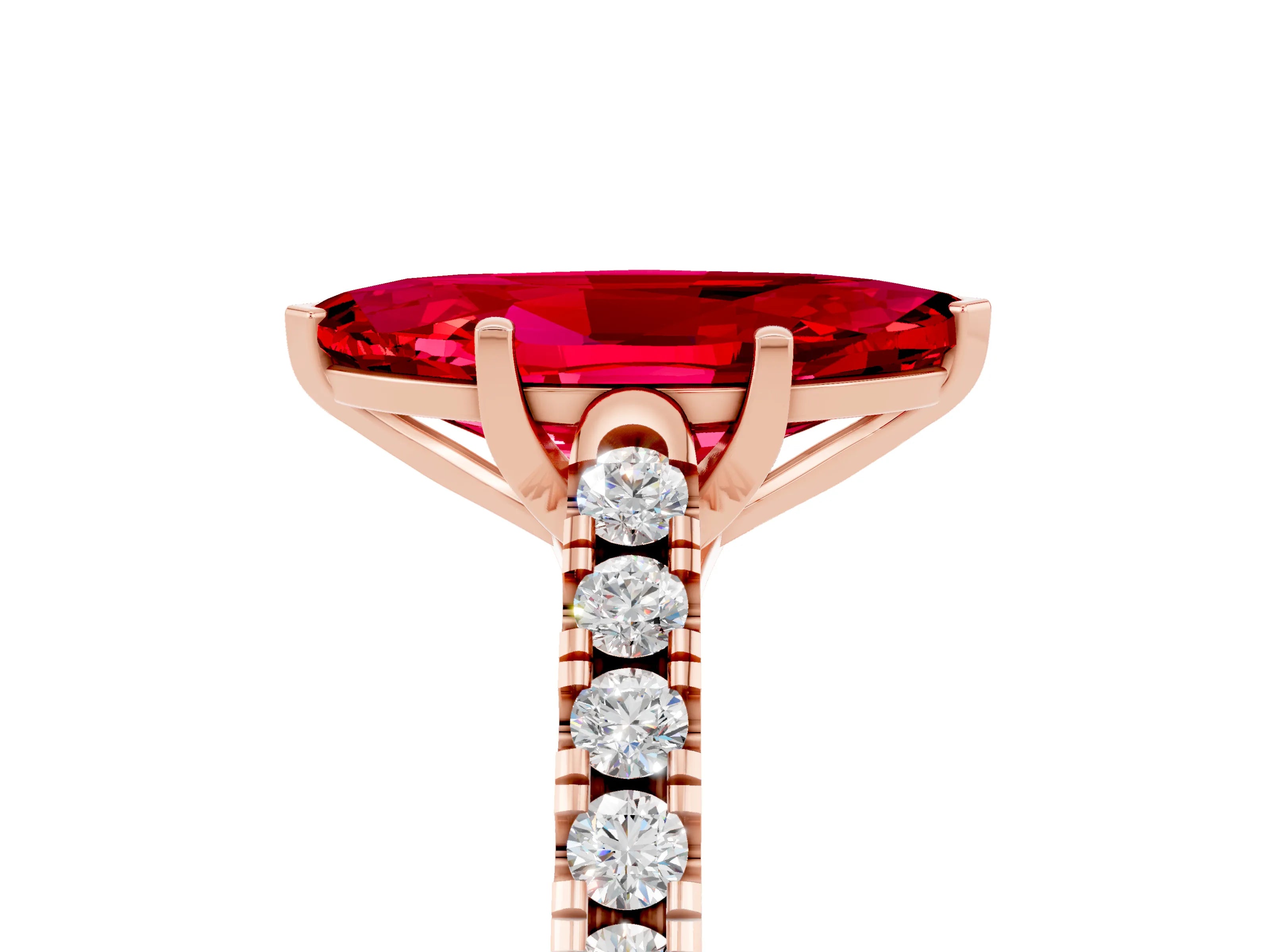 Rose gold {shape_name} Ruby Solitaire Ring with Pavé Band and Four-Prong Setting_5