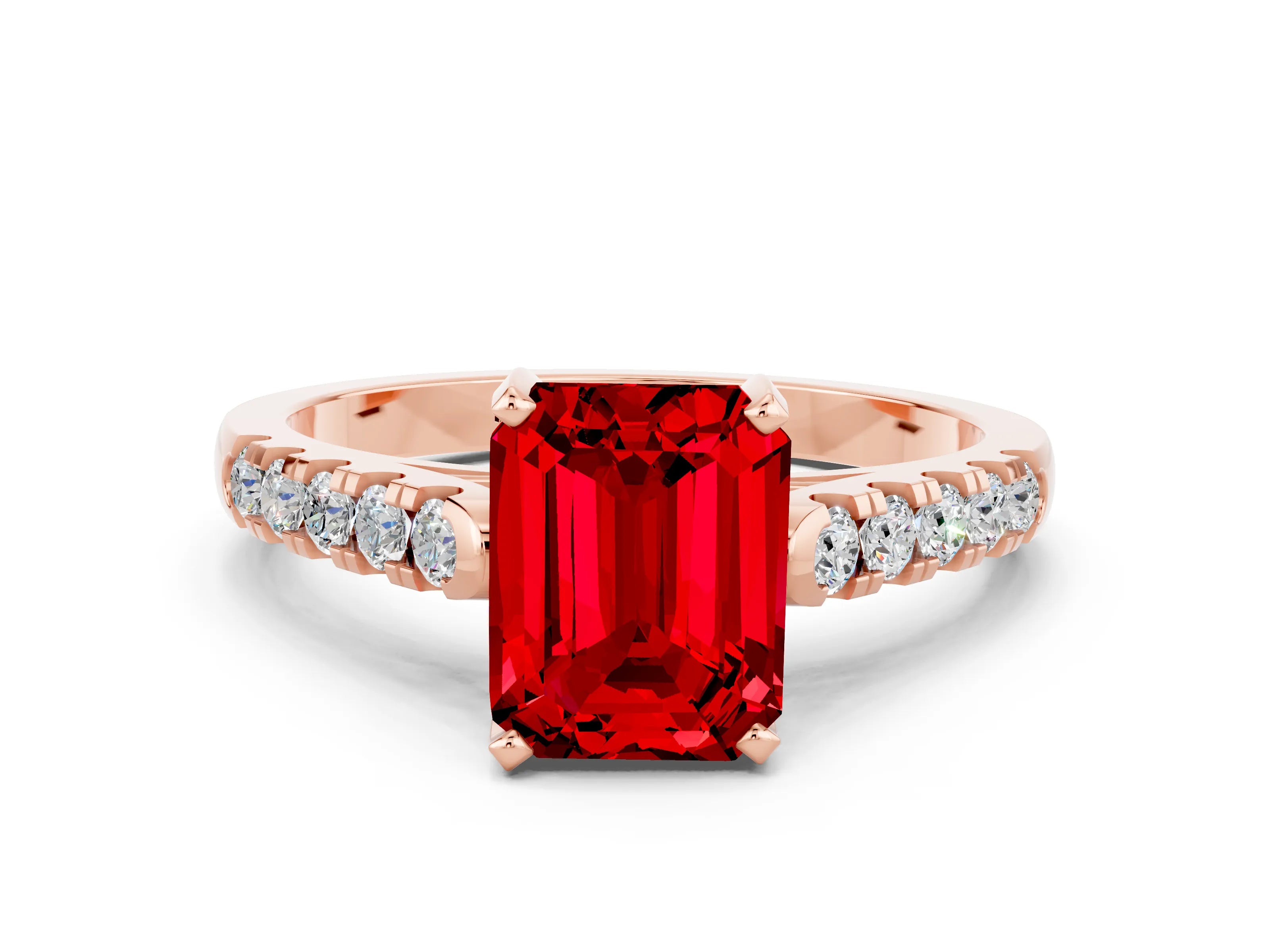Rose gold {shape_name} Ruby Solitaire Ring with Pavé Band and Four-Prong Setting