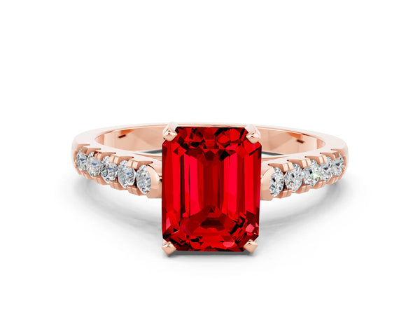 Rose gold Emerald Cut Ruby Pavé Band Solitaire Ring with Prong Setting