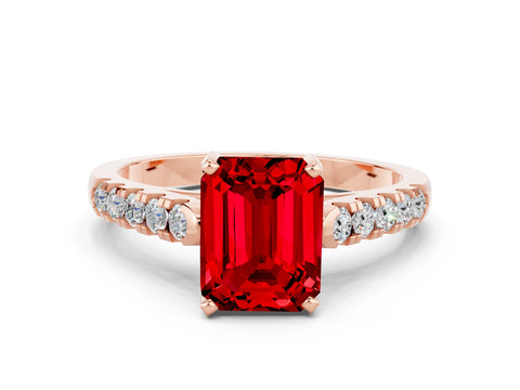 Rose gold {shape_name} Ruby Solitaire Ring with Pavé Band and Four-Prong Setting