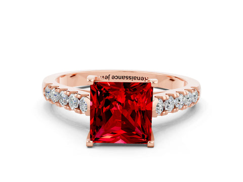 Rose gold {shape_name} Ruby Solitaire Ring with Pavé Band and Four-Prong Setting