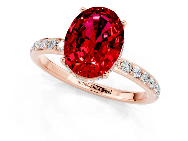 Rose gold Oval Cut Ruby Solitaire Ring with Pavé Band and Hidden Halo
