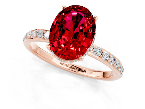 Rose gold {shape_name} Ruby Solitaire Ring with Pavé Band and Hidden Halo_1