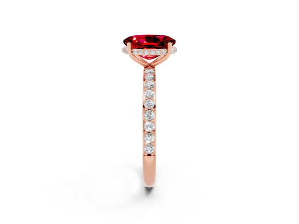 Rose gold Oval Cut Ruby Solitaire Ring with Pavé Band and Hidden Halo