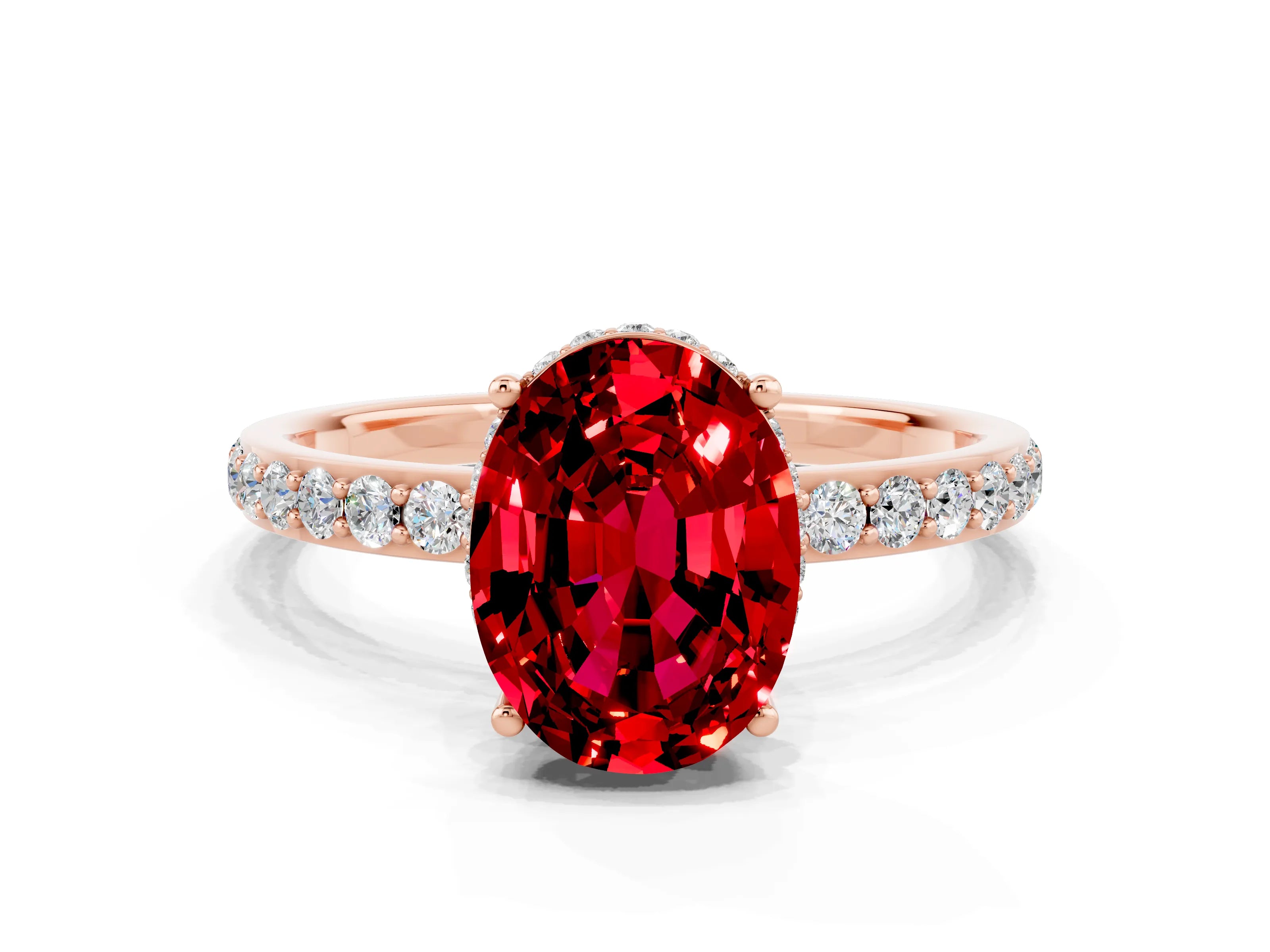 Rose gold {shape_name} Ruby Solitaire Ring with Pavé Band and Hidden Halo