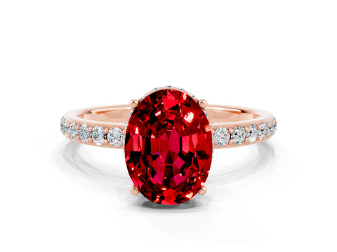 Rose gold {shape_name} Ruby Solitaire Ring with Pavé Band and Hidden Halo