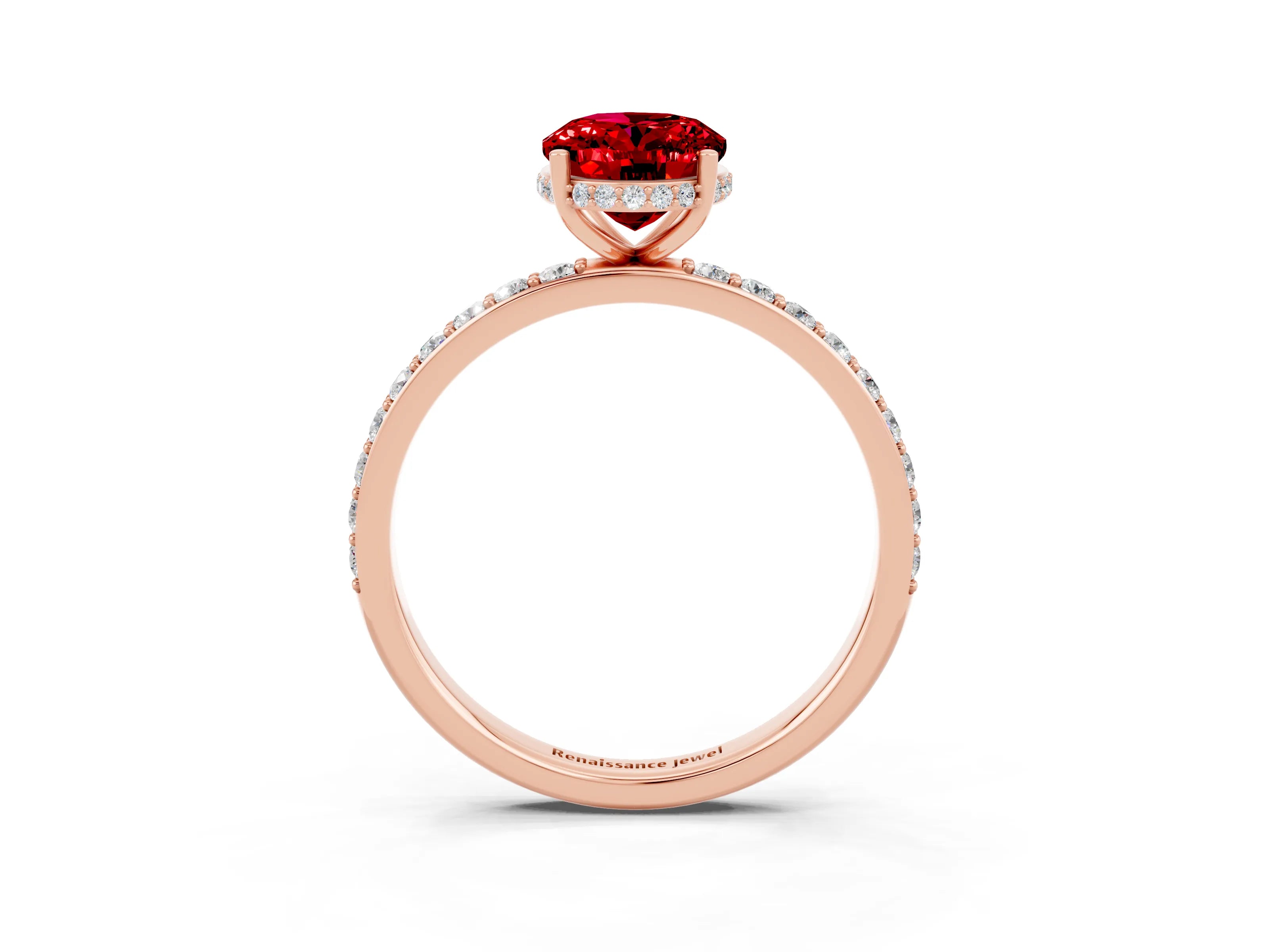 Rose gold {shape_name} Ruby Solitaire Ring with Pavé Band and Hidden Halo_3