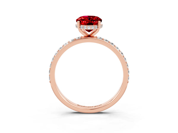 Rose gold Oval Cut Ruby Solitaire Ring with Pavé Band and Hidden Halo