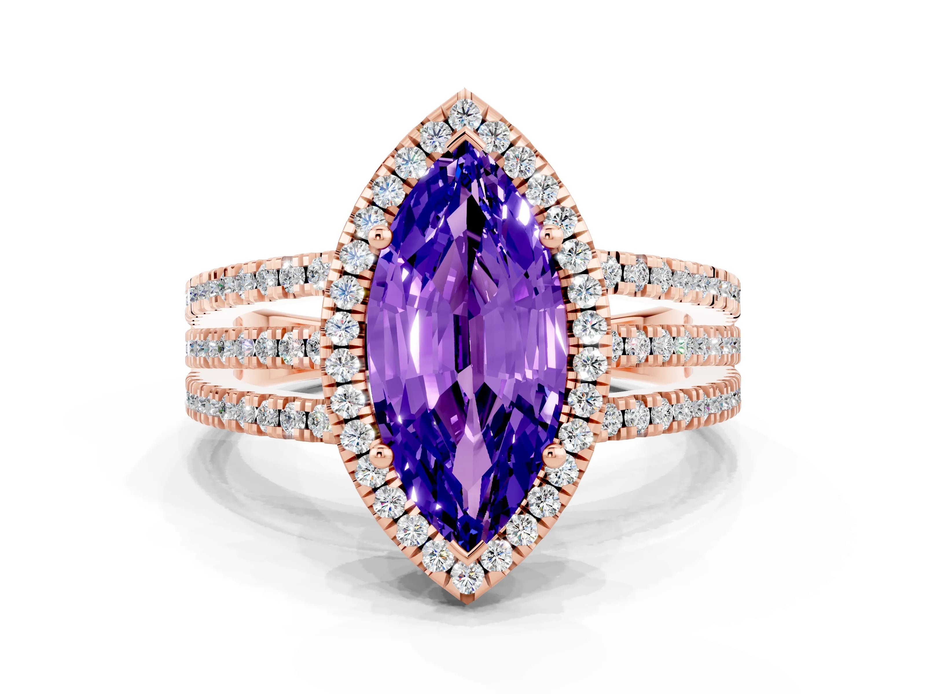 Rose gold {shape_name} Tanzanite Halo Engagement Ring with Split Shank and Four-Prong Setting