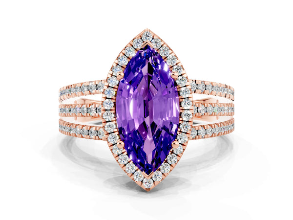 Rose gold Marquise Cut Tanzanite Halo Engagement Ring with Split Shank and Four-Prong Setting