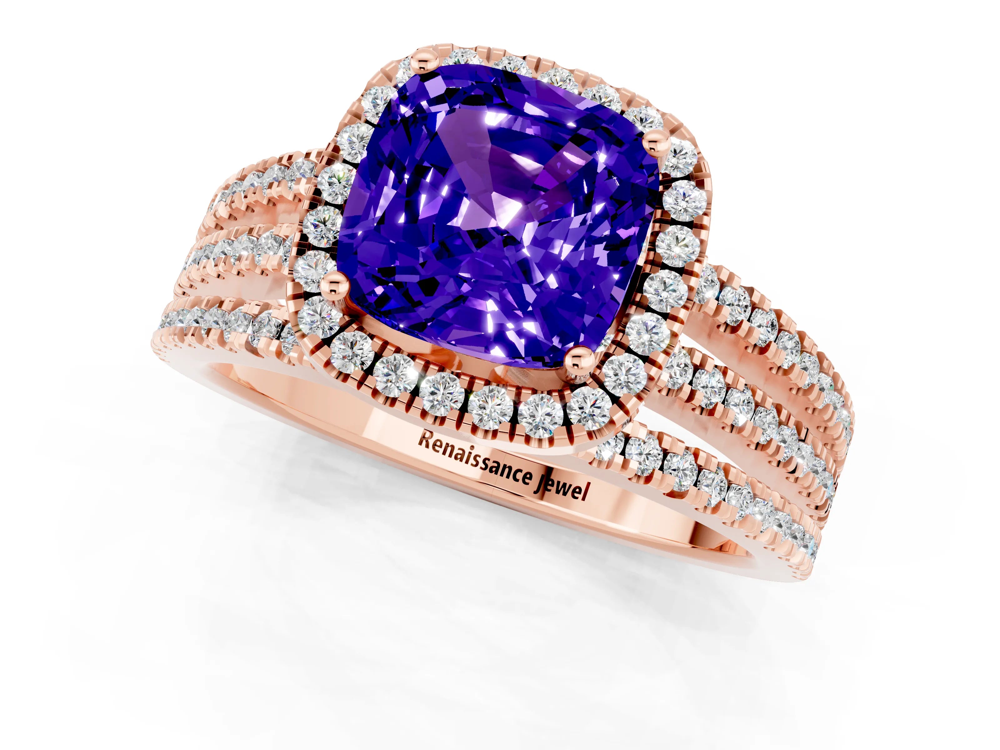 Rose gold {shape_name} Tanzanite Halo Engagement Ring with Split Shank and Four-Prong Setting_1