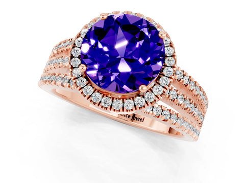 Rose gold {shape_name} Tanzanite Halo Engagement Ring with Split Shank and Four-Prong Setting_1