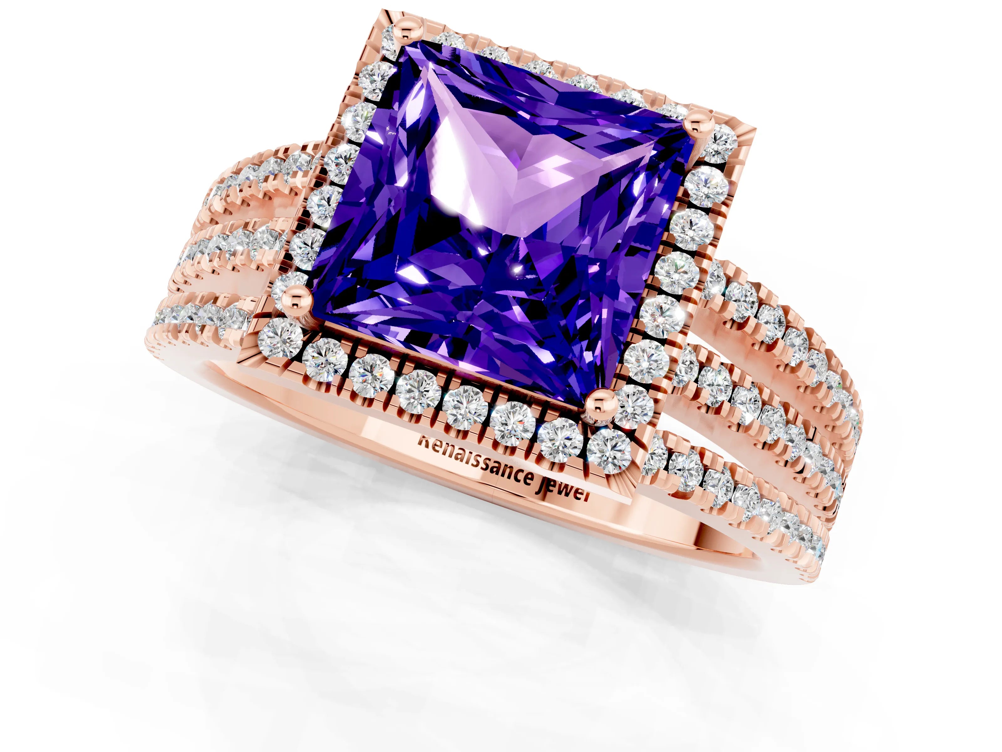 Rose gold {shape_name} Tanzanite Halo Engagement Ring with Split Shank and Four-Prong Setting_1