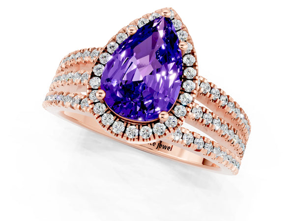 Rose gold Pear Cut Tanzanite Halo Engagement Ring with Split Shank and Four-Prong Setting