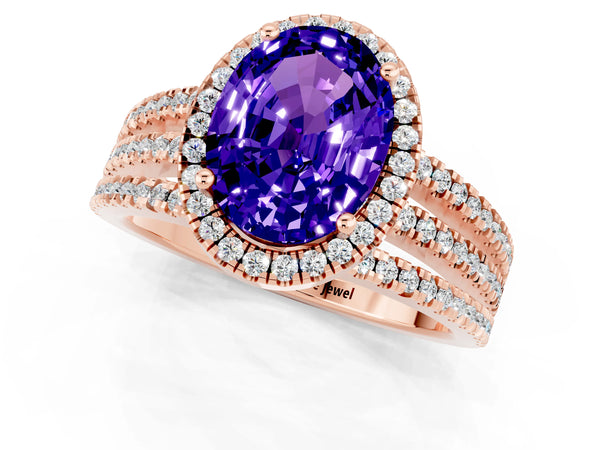 Rose gold Oval Cut Tanzanite Halo Engagement Ring with Split Shank and Four-Prong Setting