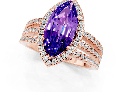 Rose gold {shape_name} Tanzanite Halo Engagement Ring with Split Shank and Four-Prong Setting_1