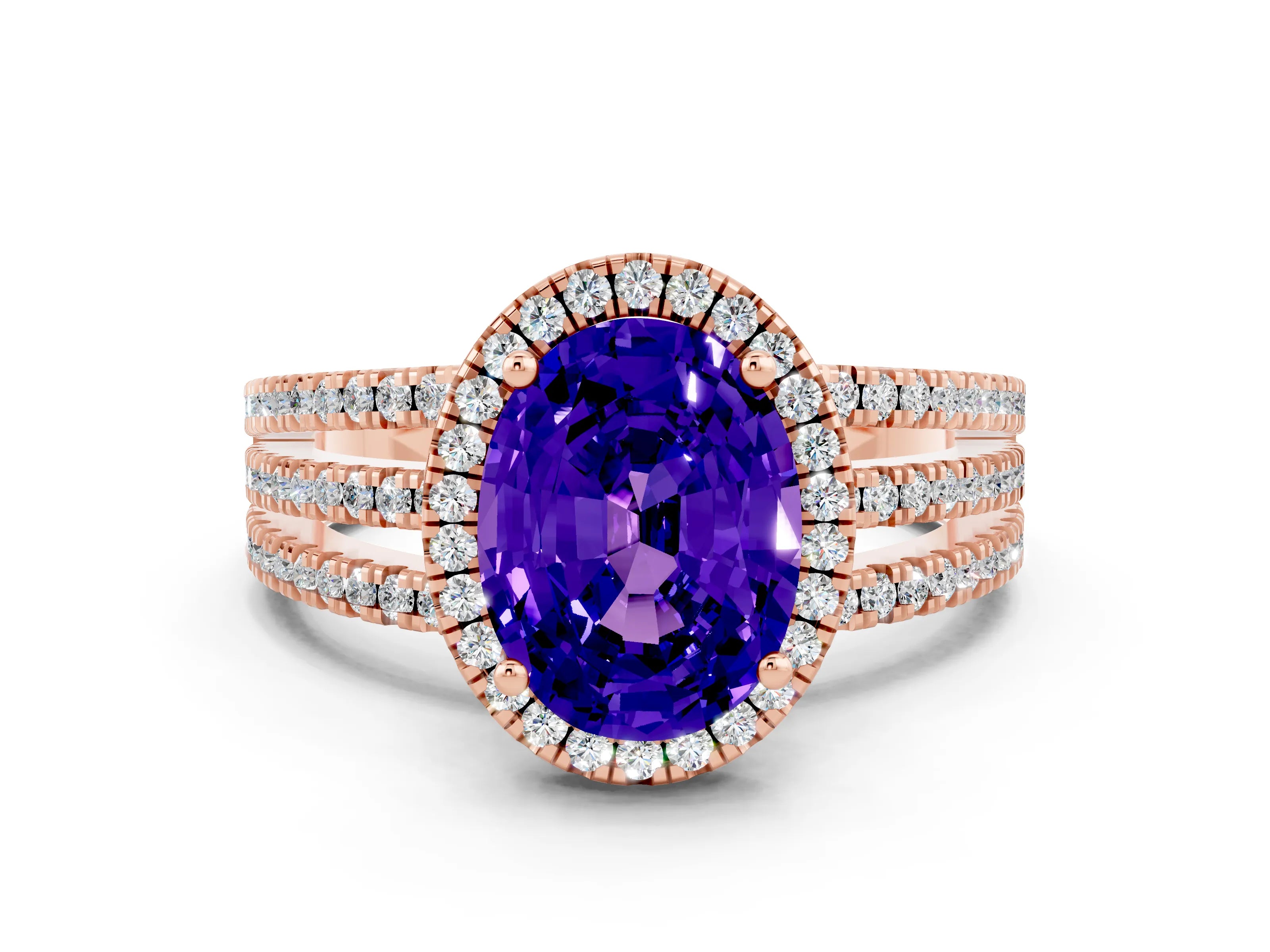 Rose gold {shape_name} Tanzanite Halo Engagement Ring with Split Shank and Four-Prong Setting