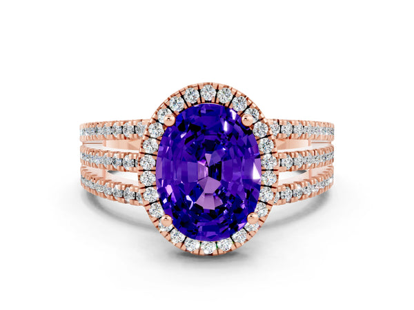Rose gold Oval Cut Tanzanite Halo Engagement Ring with Split Shank and Four-Prong Setting