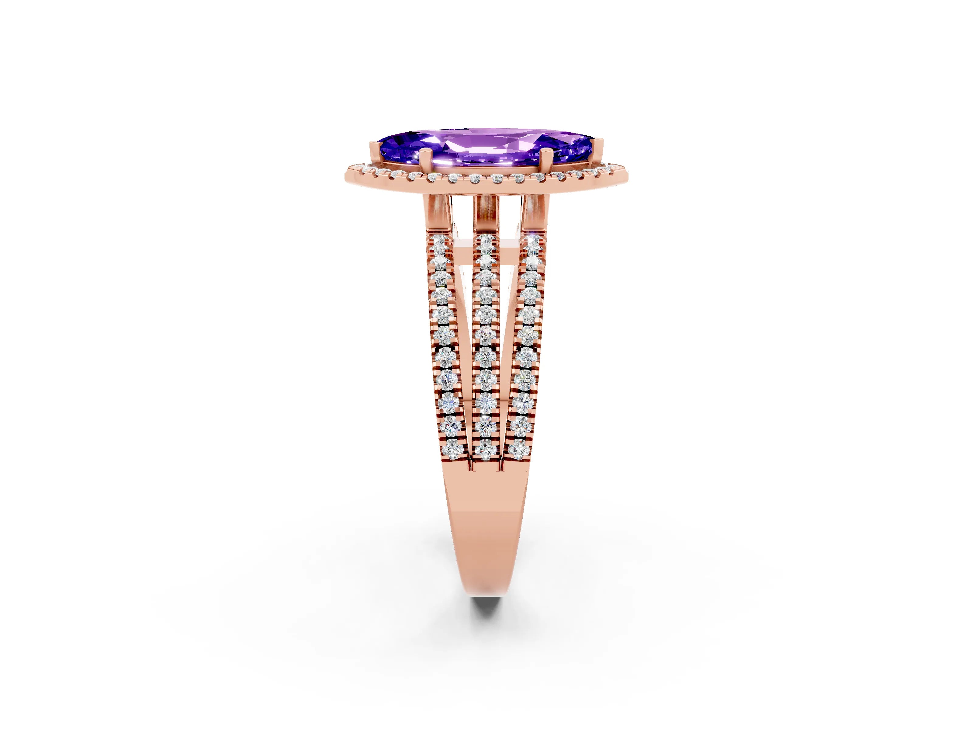 Rose gold {shape_name} Tanzanite Halo Engagement Ring with Split Shank and Four-Prong Setting_2