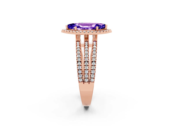 Rose gold Marquise Cut Tanzanite Halo Engagement Ring with Split Shank and Four-Prong Setting