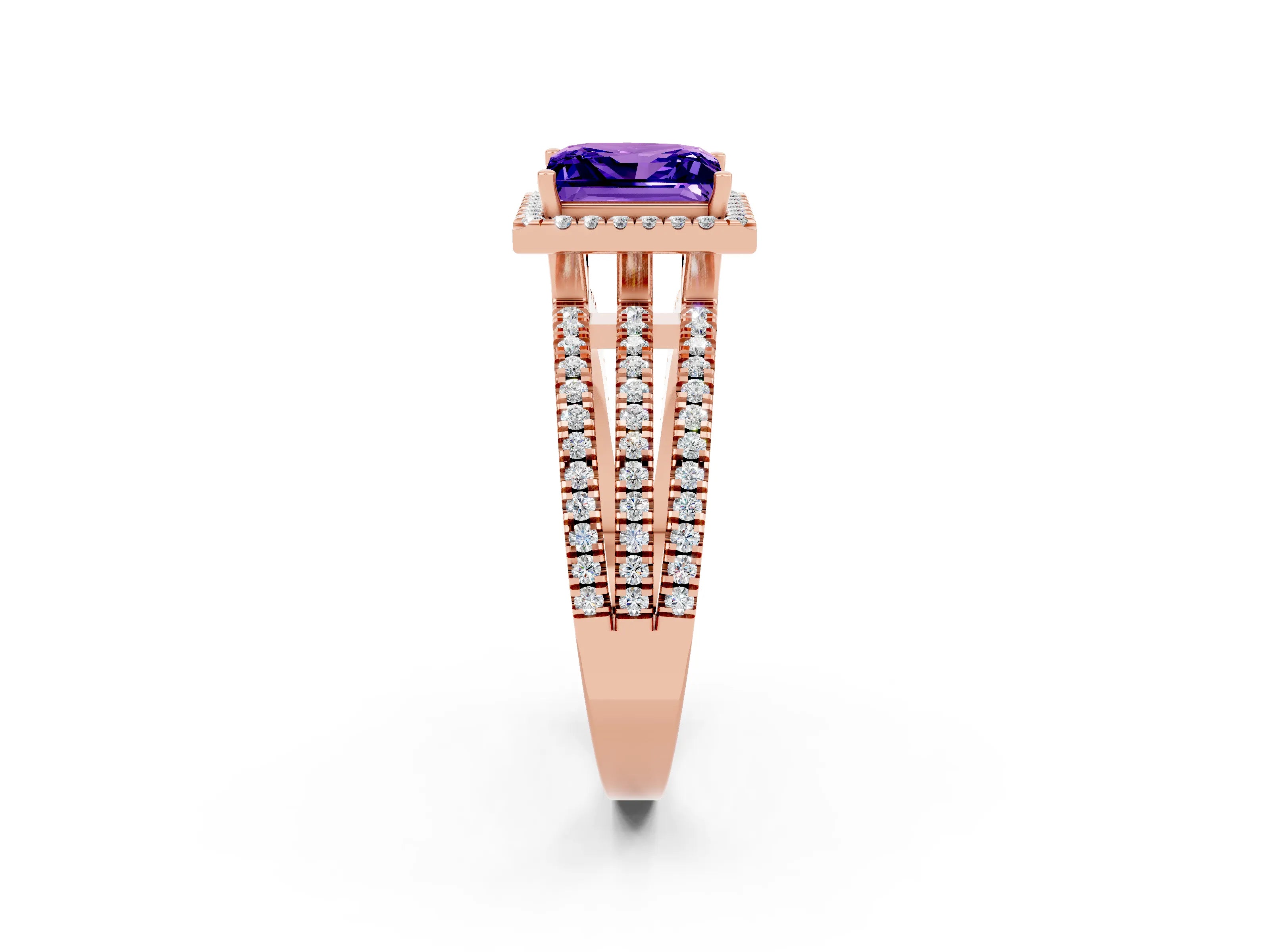 Rose gold {shape_name} Tanzanite Halo Engagement Ring with Split Shank and Four-Prong Setting_2