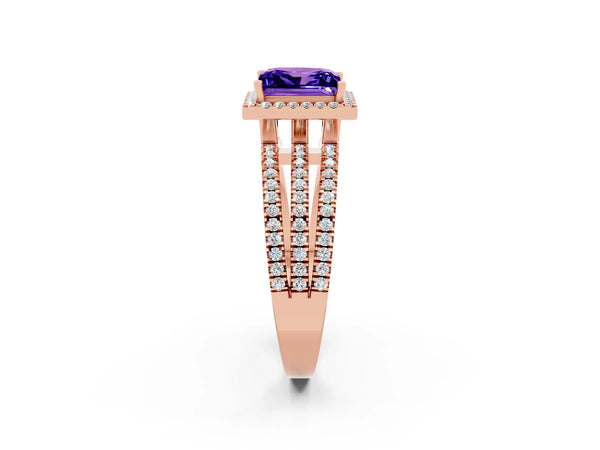 Rose gold Princess Cut Tanzanite Halo Engagement Ring with Split Shank and Four-Prong Setting
