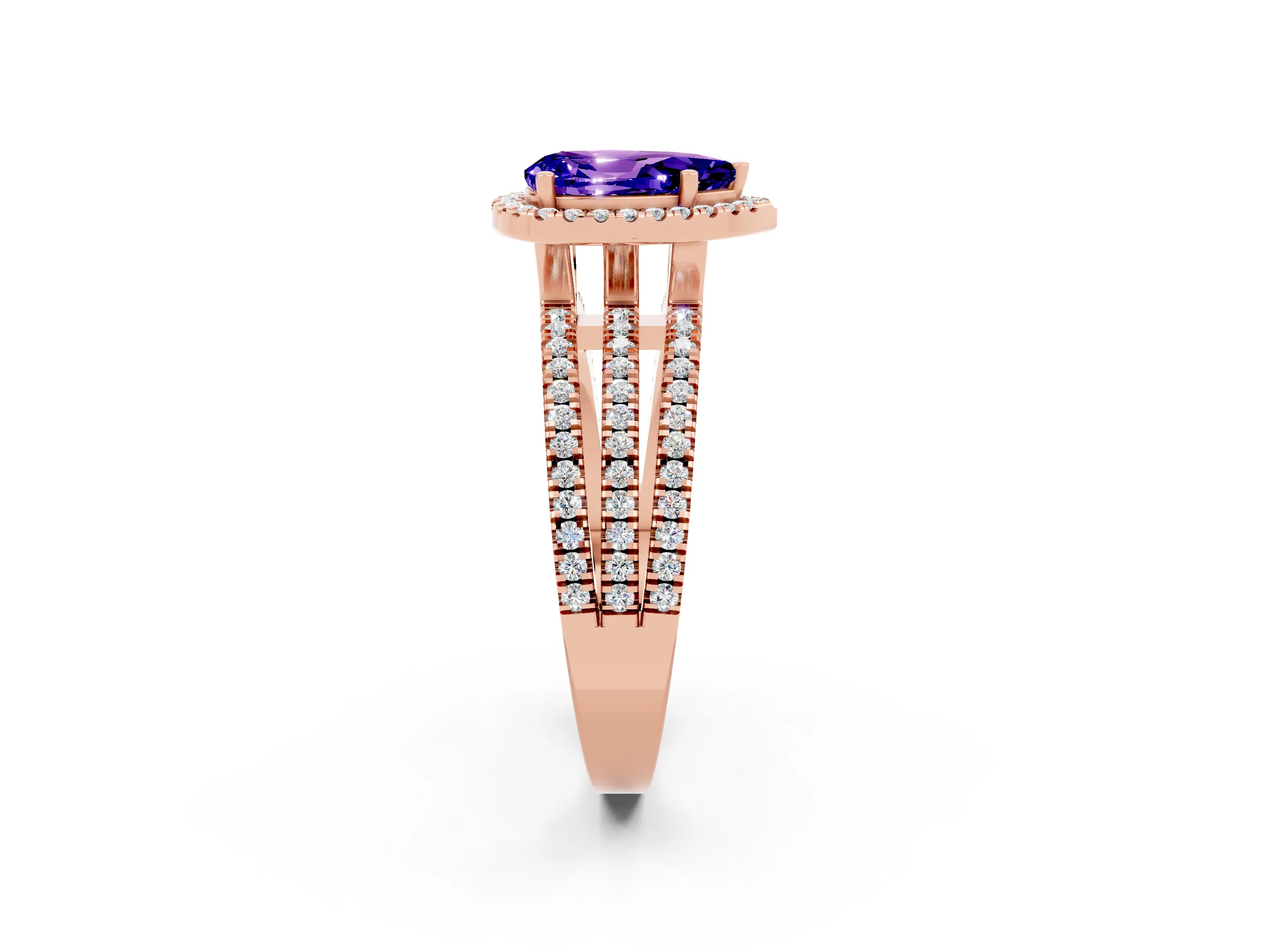 Rose gold {shape_name} Tanzanite Halo Engagement Ring with Split Shank and Four-Prong Setting_2