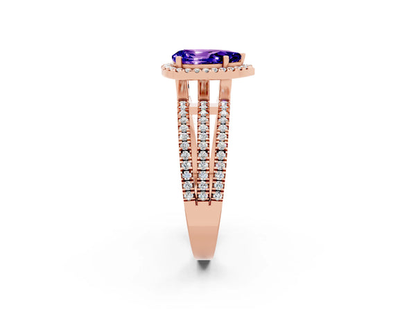 Rose gold Pear Cut Tanzanite Halo Engagement Ring with Split Shank and Four-Prong Setting