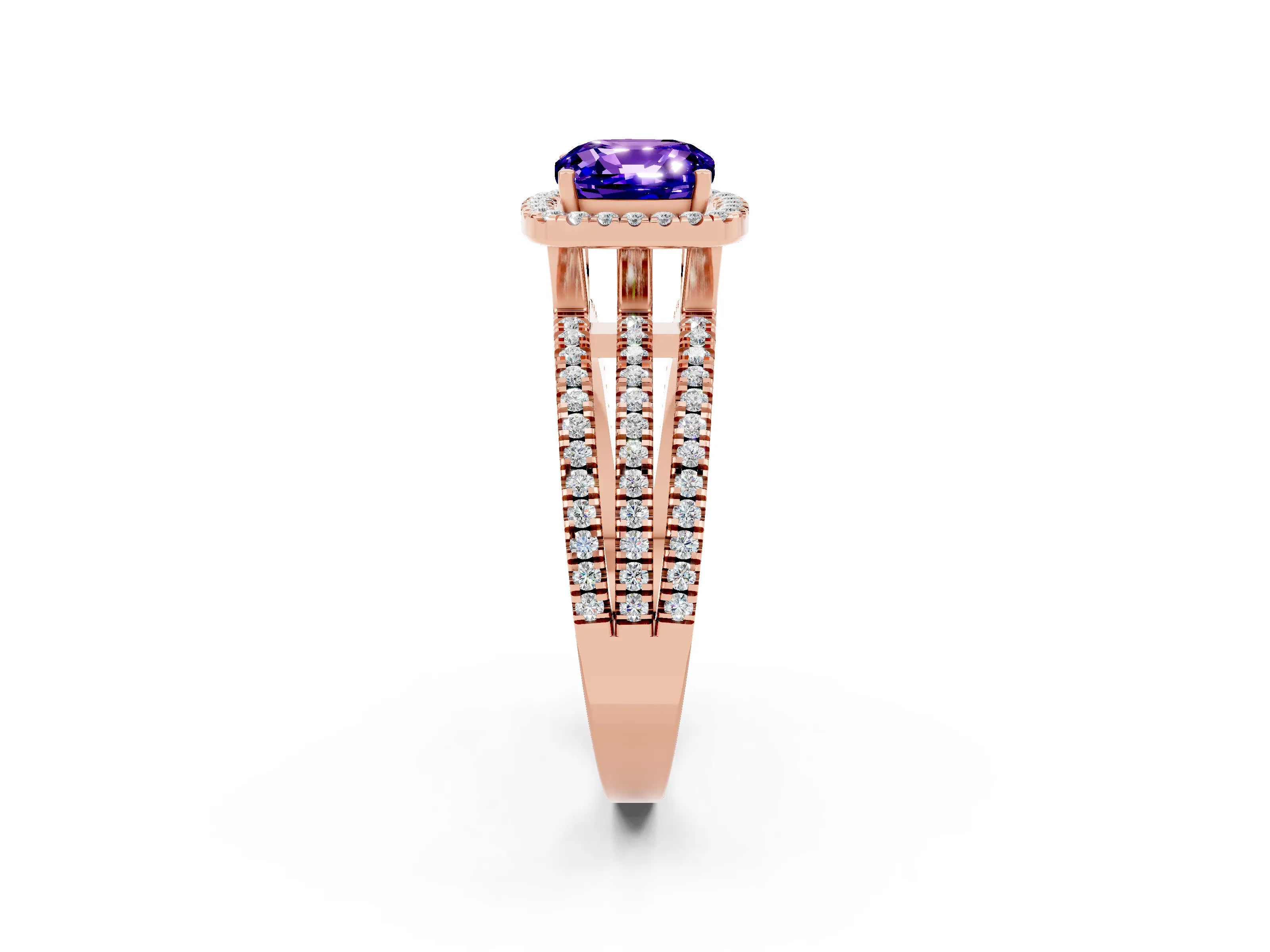 Rose gold {shape_name} Tanzanite Halo Engagement Ring with Split Shank and Four-Prong Setting_2