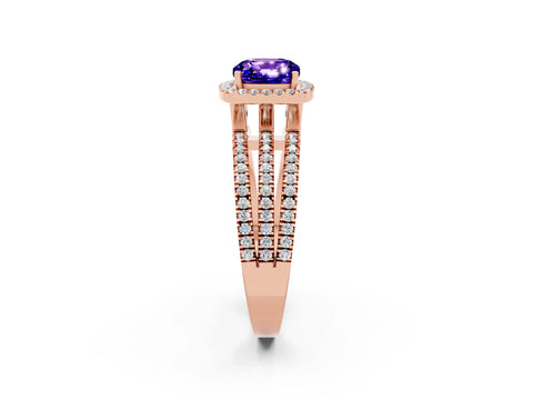 Rose gold {shape_name} Tanzanite Halo Engagement Ring with Split Shank and Four-Prong Setting_2