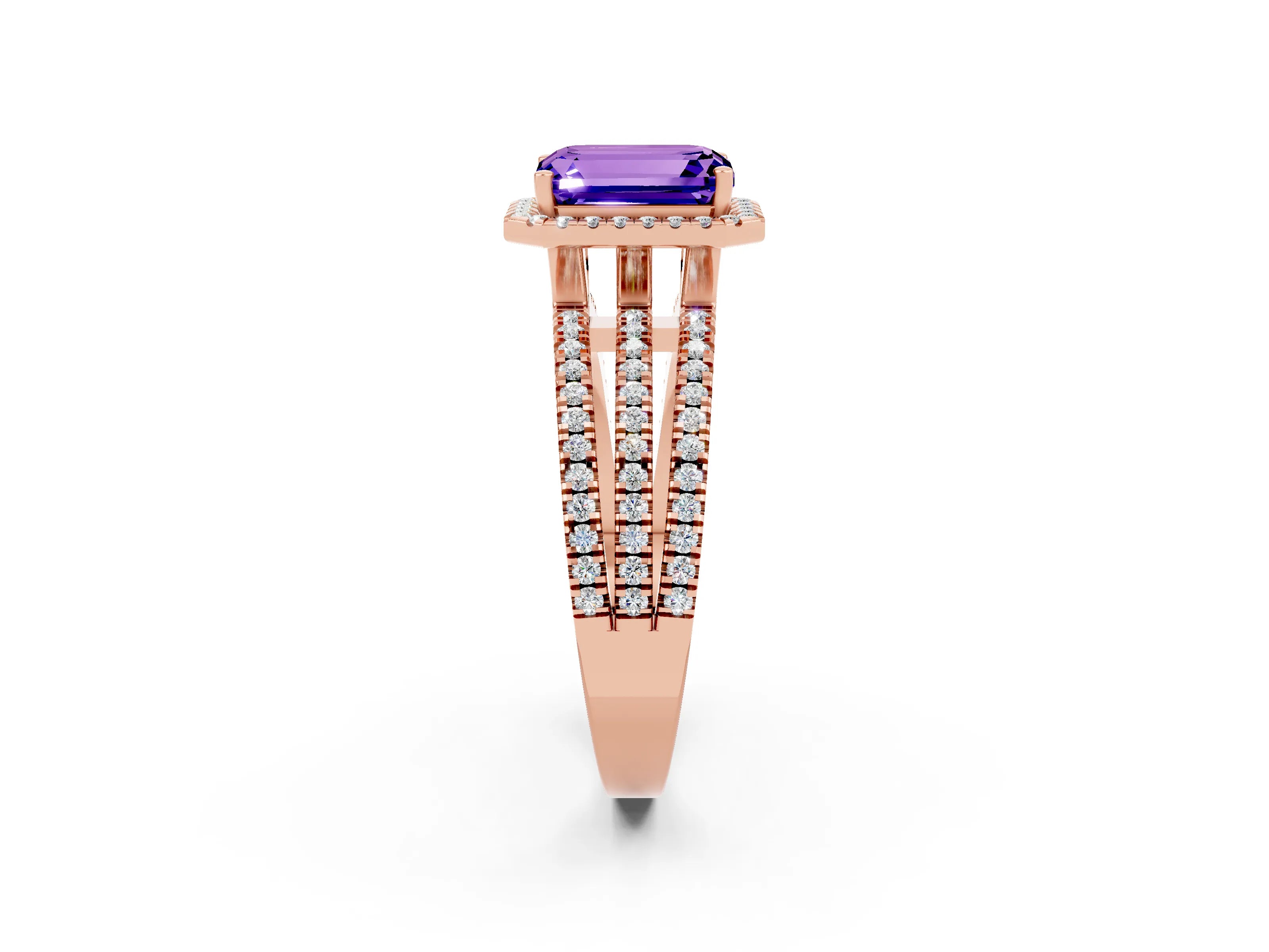 Rose gold {shape_name} Tanzanite Halo Engagement Ring with Split Shank and Four-Prong Setting_2