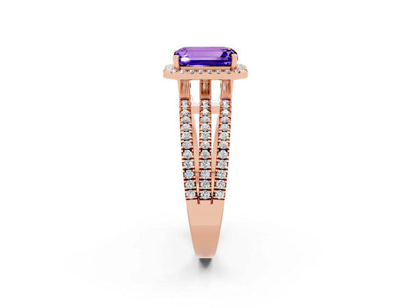 Rose gold Emerald Cut Tanzanite Halo Engagement Ring with Split Shank and Four-Prong Setting