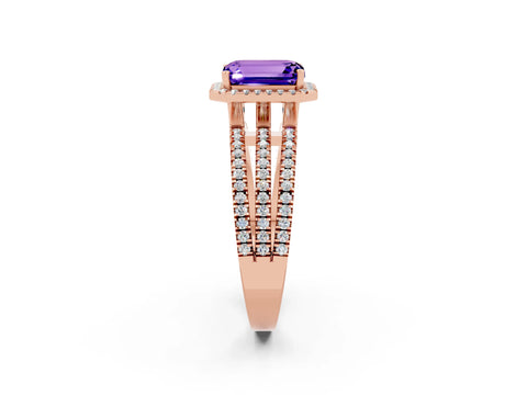 Rose gold {shape_name} Tanzanite Halo Engagement Ring with Split Shank and Four-Prong Setting_2