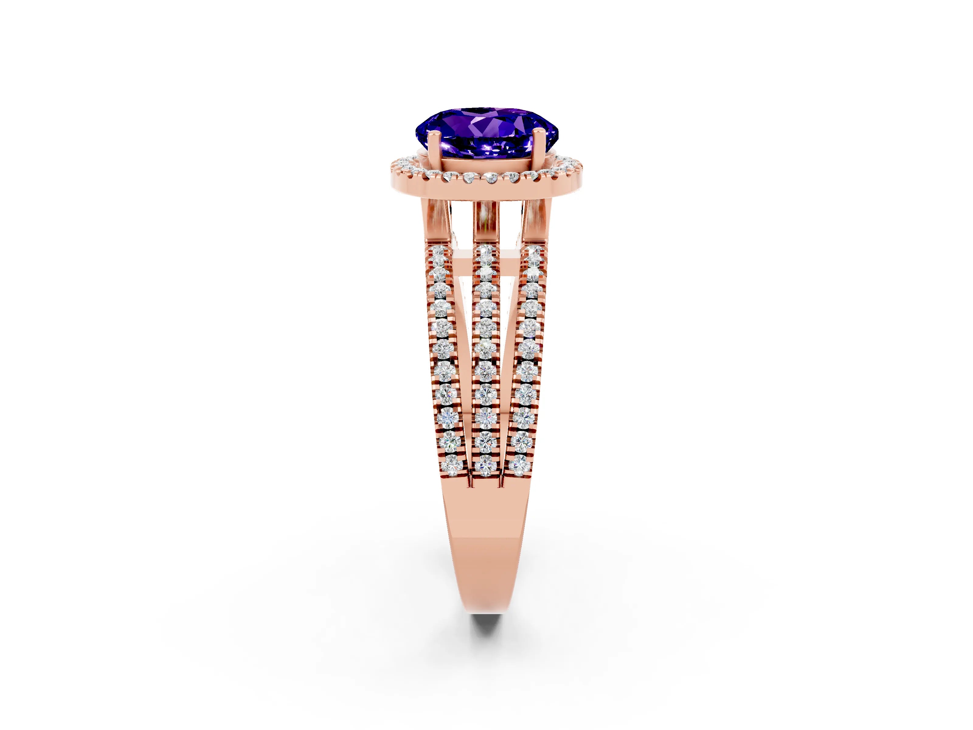 Rose gold {shape_name} Tanzanite Halo Engagement Ring with Split Shank and Four-Prong Setting_2