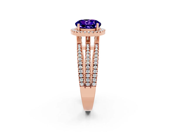 Rose gold Round Cut Tanzanite Halo Engagement Ring with Split Shank and Four-Prong Setting