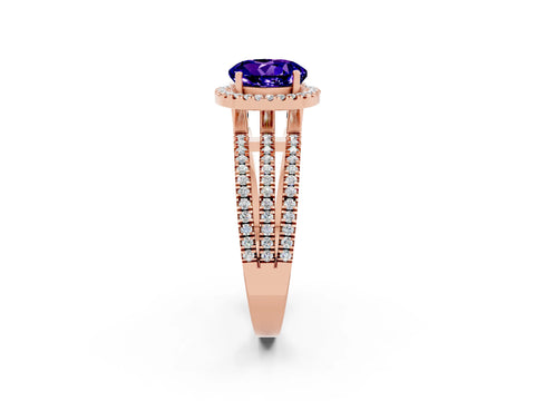 Rose gold {shape_name} Tanzanite Halo Engagement Ring with Split Shank and Four-Prong Setting_2