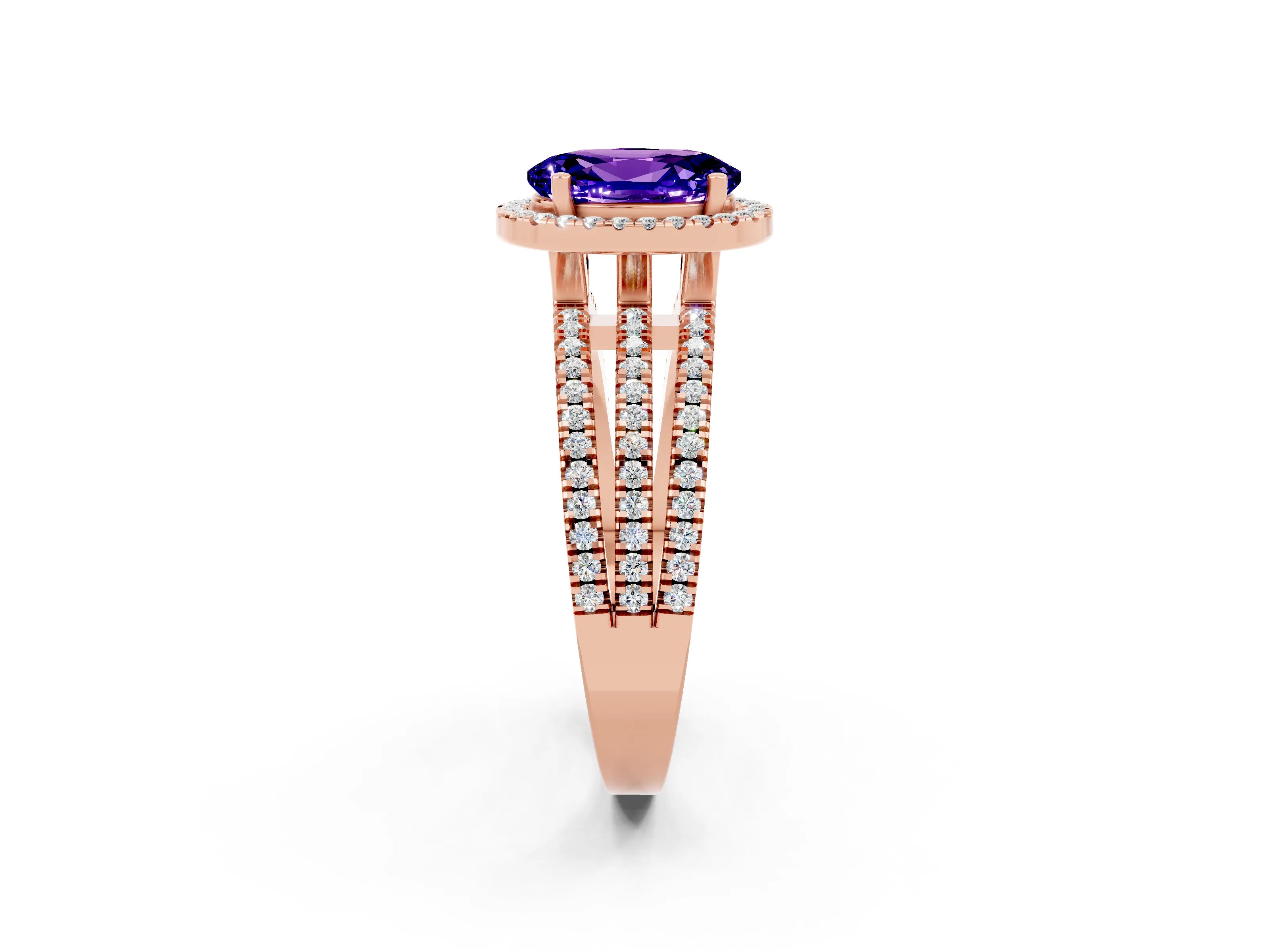 Rose gold {shape_name} Tanzanite Halo Engagement Ring with Split Shank and Four-Prong Setting_2