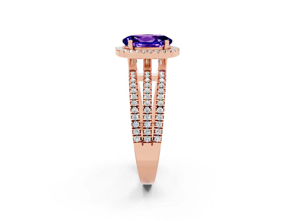 Rose gold Oval Cut Tanzanite Halo Engagement Ring with Split Shank and Four-Prong Setting