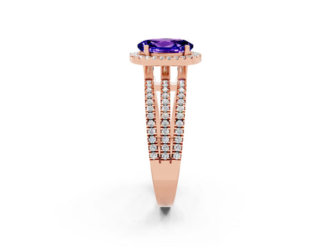 Rose gold {shape_name} Tanzanite Halo Engagement Ring with Split Shank and Four-Prong Setting_2