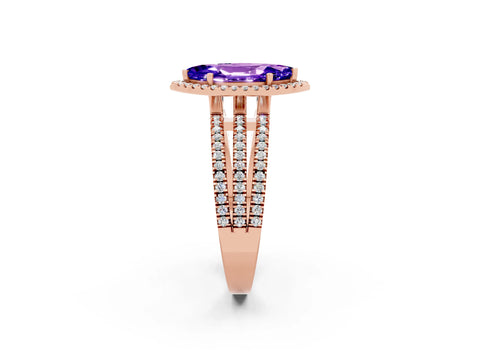 Rose gold {shape_name} Tanzanite Halo Engagement Ring with Split Shank and Four-Prong Setting_2
