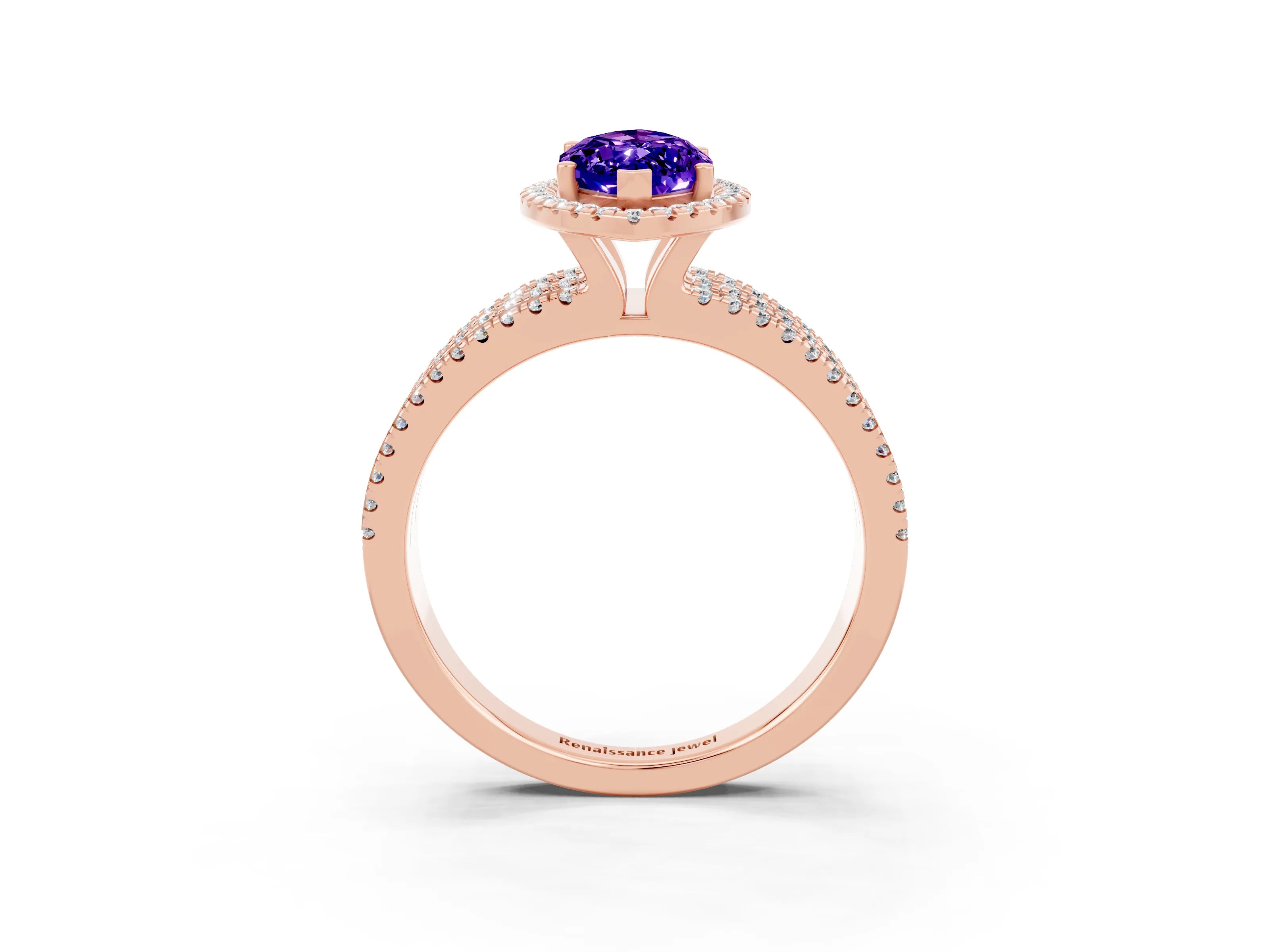 Rose gold {shape_name} Tanzanite Halo Engagement Ring with Split Shank and Four-Prong Setting_3