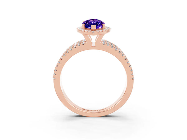 Rose gold Marquise Cut Tanzanite Halo Engagement Ring with Split Shank and Four-Prong Setting